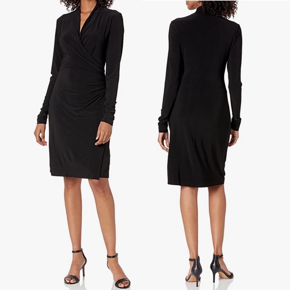 Norma Kamali Long Sleeve Side Drape Dress Below The Knee